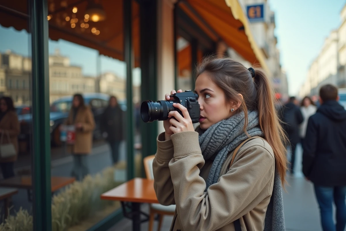 Jeune femme photographiant la Croisette avec souci visible