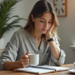 Femme organisée consultant son planning dans un bureau à domicile pour optimiser sa productivité quotidienne