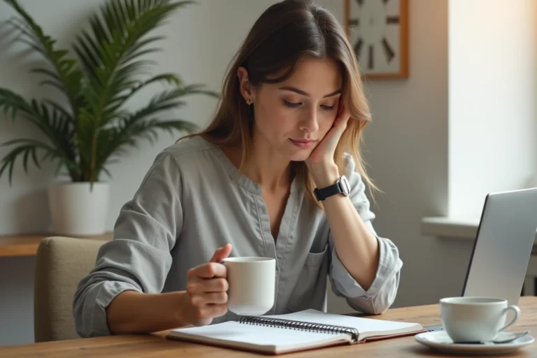 Femme organisée consultant son planning dans un bureau à domicile pour optimiser sa productivité quotidienne