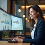 Femme professionnelle travaillant sur un tableau de bord web analytique dans un bureau moderne, illustrant les solutions digitales innovantes pour booster la présence en ligne