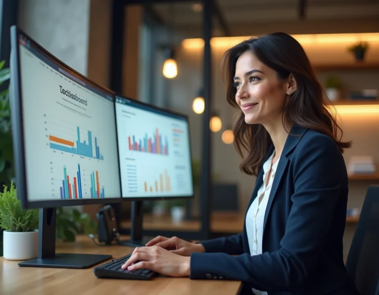 Femme professionnelle travaillant sur un tableau de bord web analytique dans un bureau moderne, illustrant les solutions digitales innovantes pour booster la présence en ligne