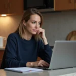 Femme concentrée recherchant une adresse sur son ordinateur à la maison