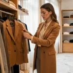 Femme élégante en manteau camel parcourant des vêtements tendance dans une boutique de mode parisienne