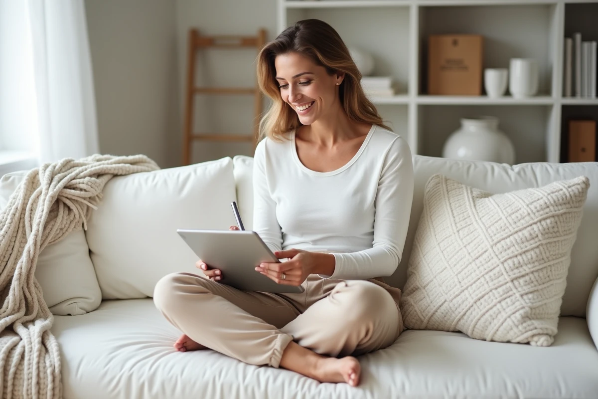 Femme gérant son agenda numérique sur tablette dans un salon épuré pour améliorer son organisation personnelle