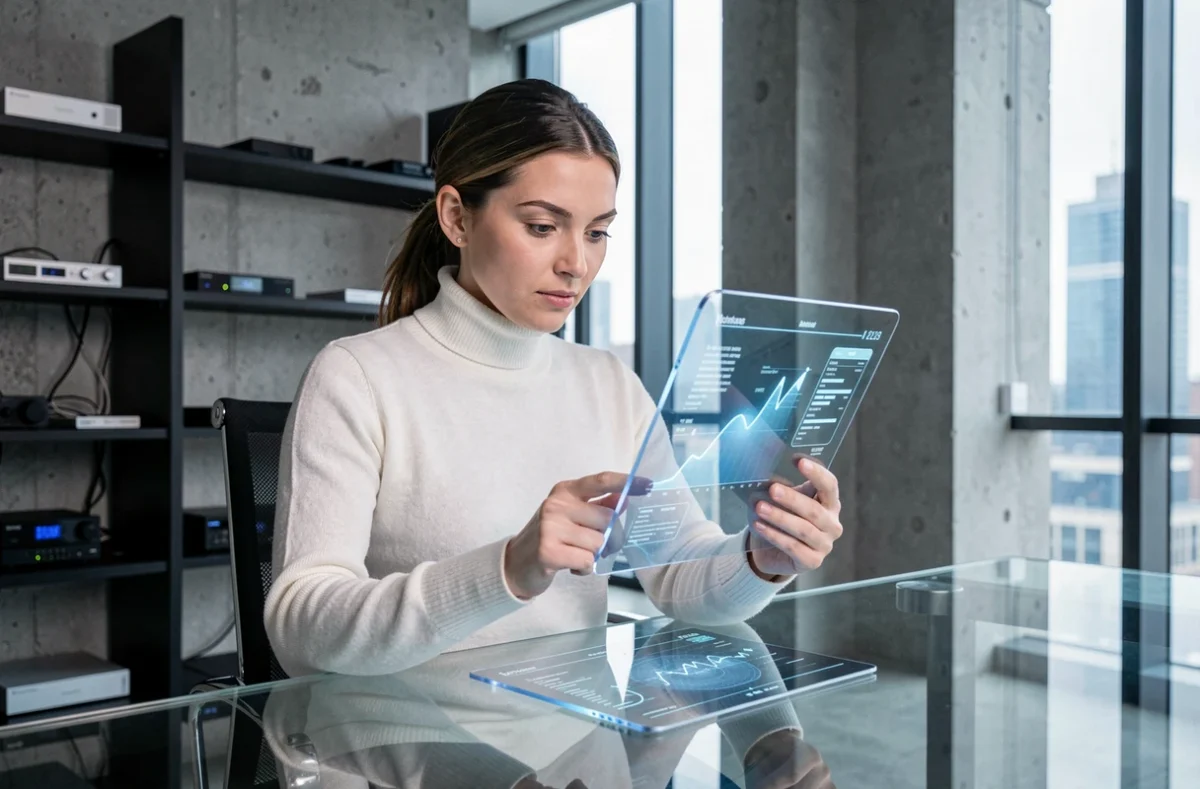 Femme professionnelle interagissant avec une tablette tactile de dernière génération dans un bureau technologique moderne