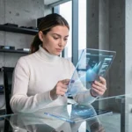 Femme professionnelle interagissant avec une tablette tactile de dernière génération dans un bureau technologique moderne