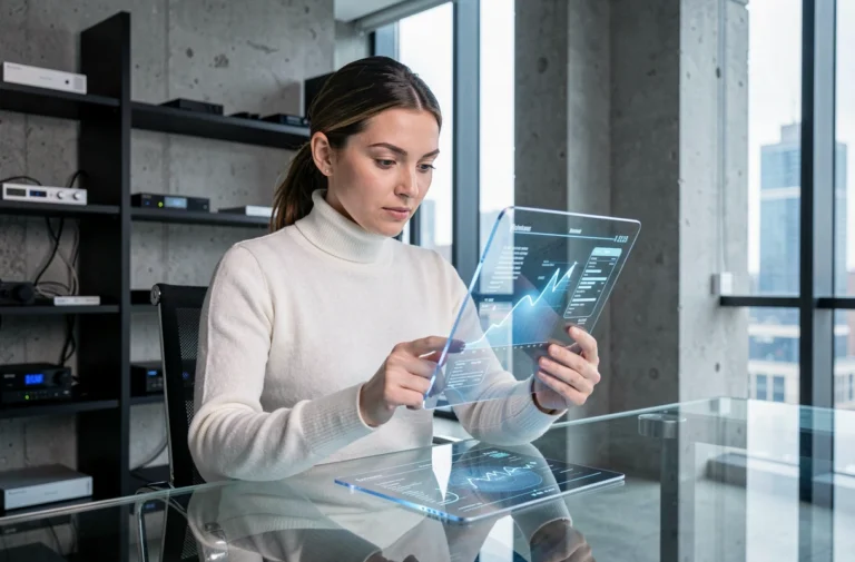 Femme professionnelle interagissant avec une tablette tactile de dernière génération dans un bureau technologique moderne