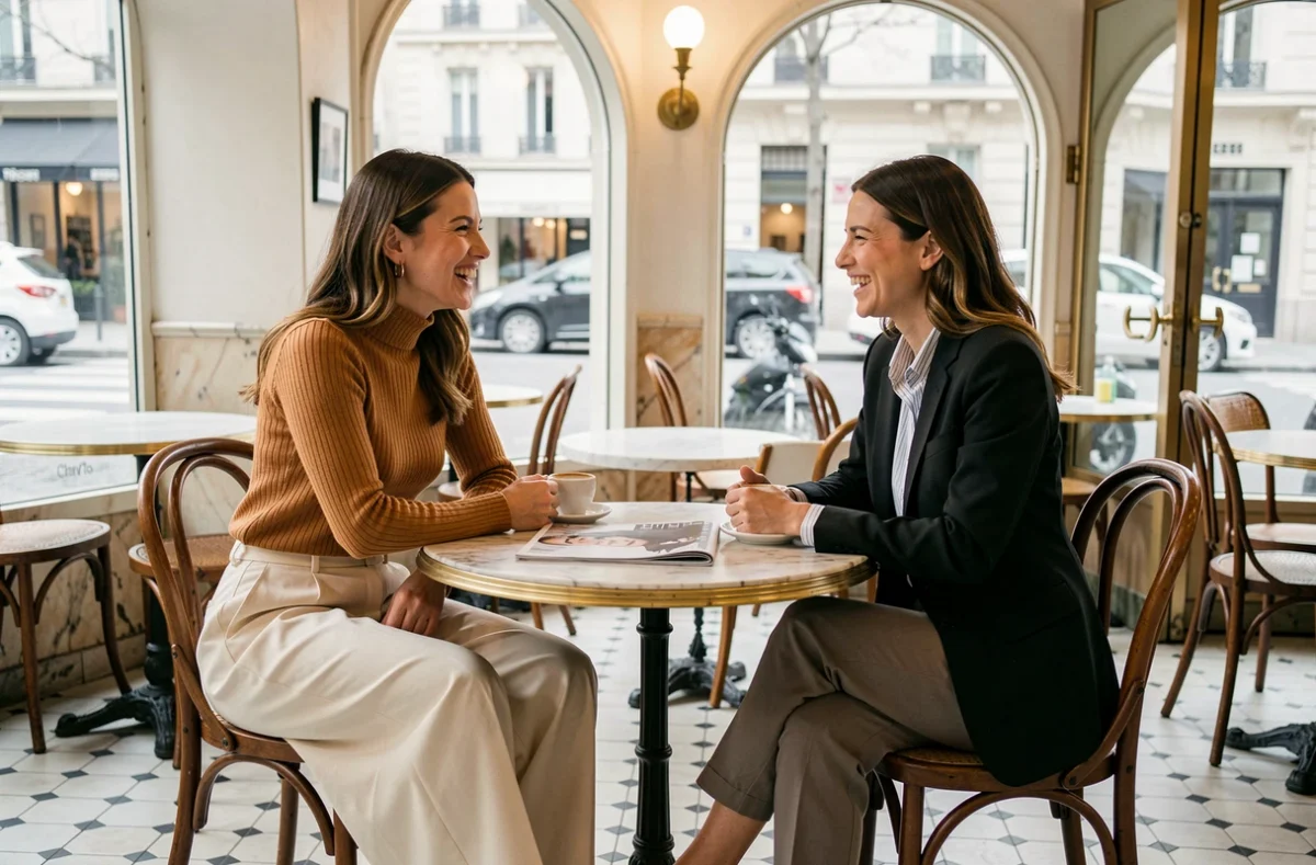 Deux femmes élégamment habillées discutant autour d'un café dans un bistrot parisien chic