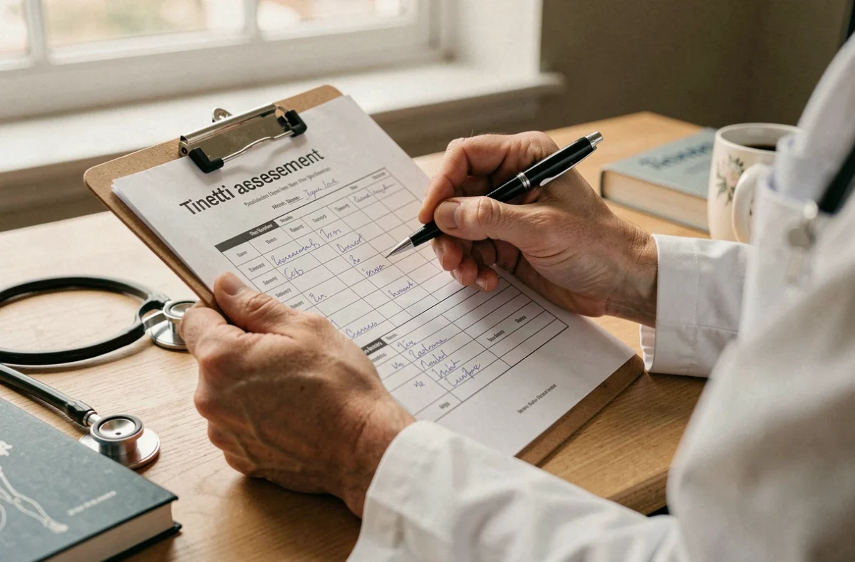 Gros plan sur un formulaire du test de Tinetti en PDF annoté par un professionnel de santé