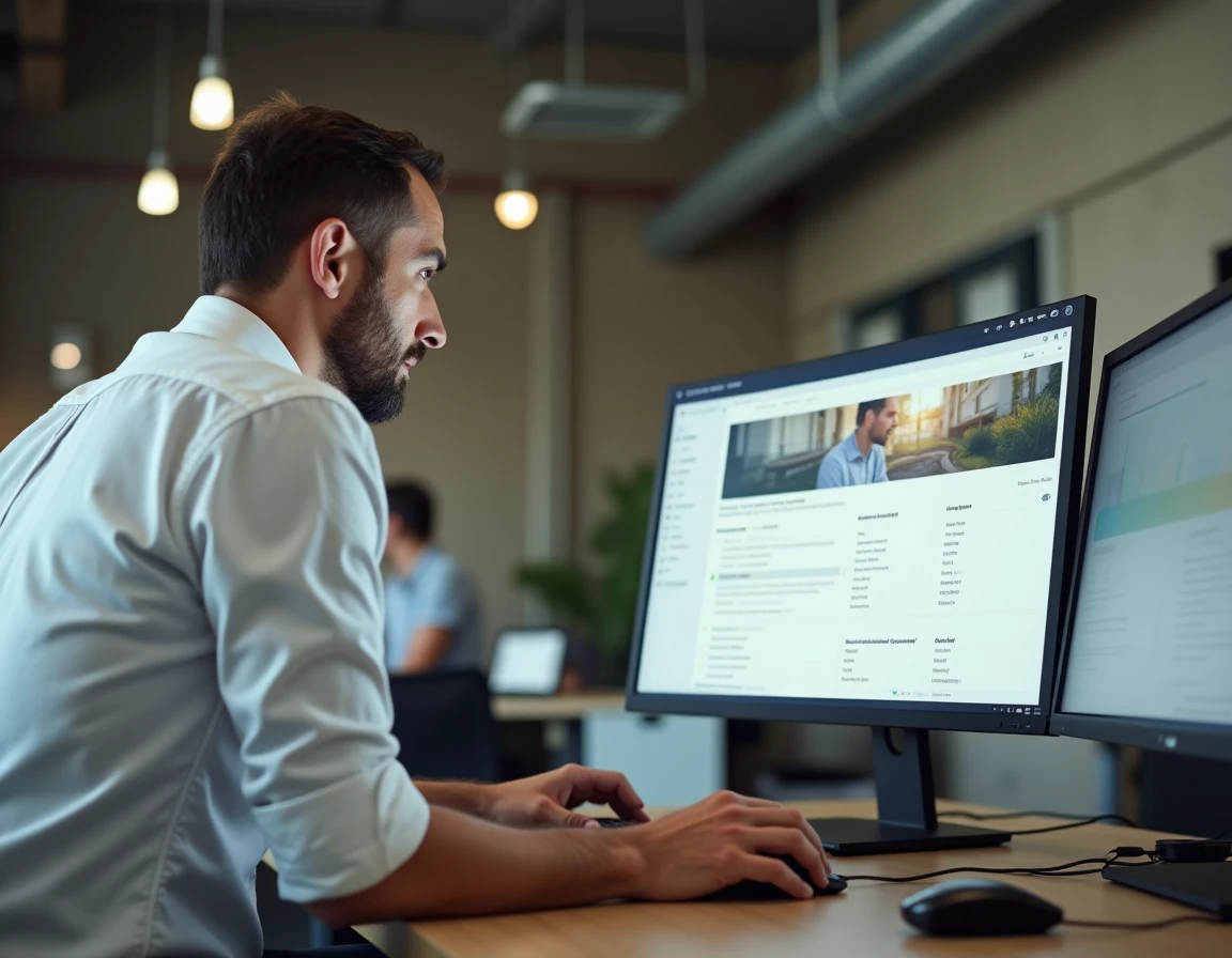 Homme gérant un espace propriétaire en ligne sur double écran dans un espace de coworking moderne