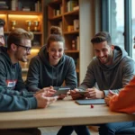Groupe de jeunes adultes regardant des scores sportifs