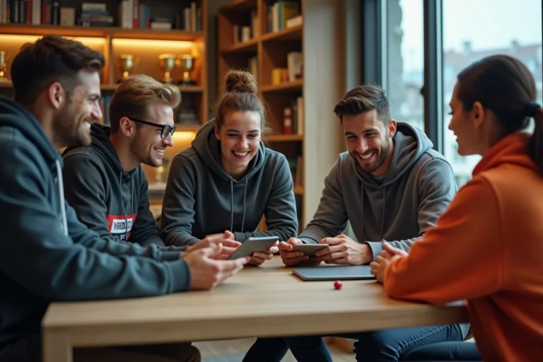 Groupe de jeunes adultes regardant des scores sportifs
