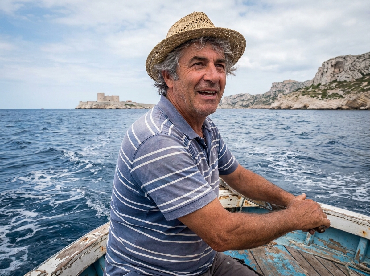 Homme en bateau à Mille avec vue sur la mer et les falaises