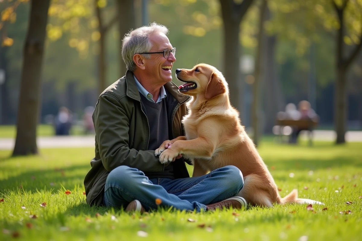 Homme jouant avec un chiot golden retriever dans un parc, illustration du bonheur et du bien-être des animaux de compagnie