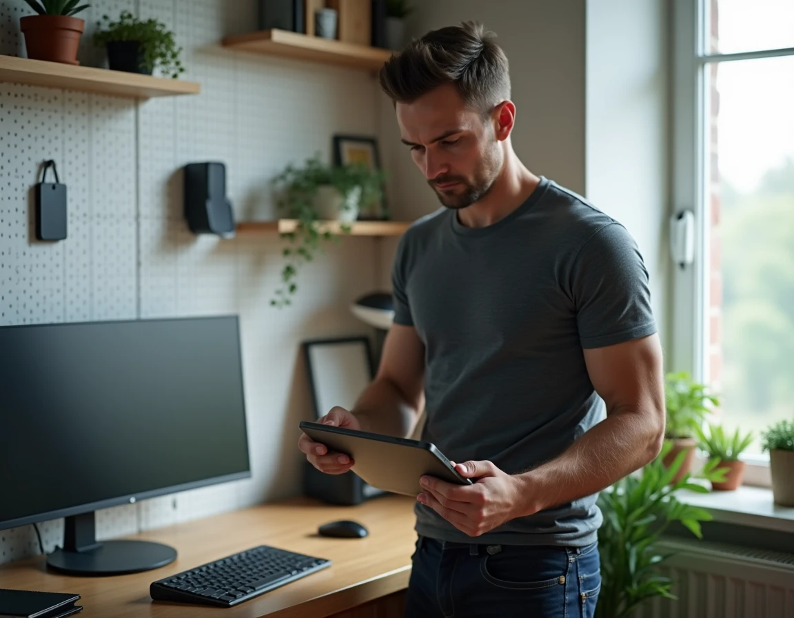 Homme consultant une interface web responsive sur tablette dans un bureau à domicile moderne, représentant l'optimisation de la présence en ligne grâce aux outils digitaux