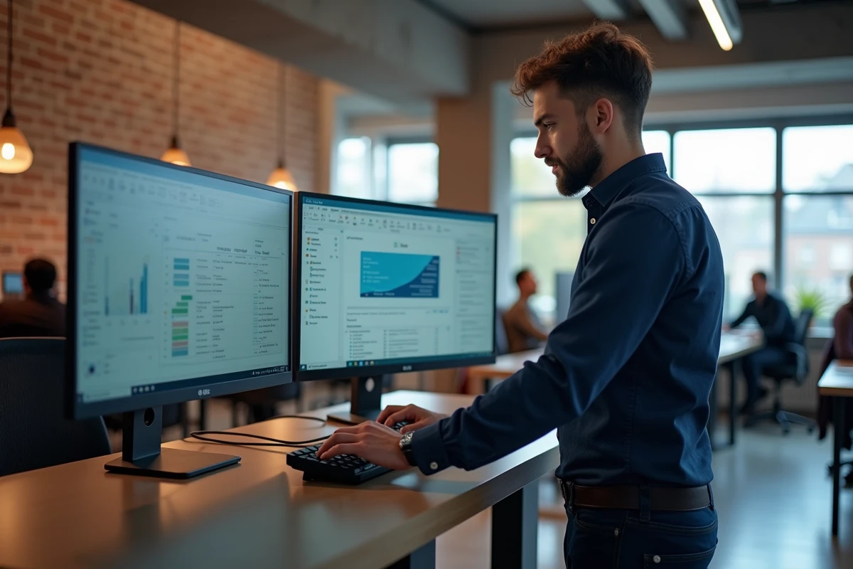 Homme travaillant efficacement sur deux écrans dans un open space moderne pour gagner du temps au travail
