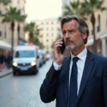 Homme en costume parlant au téléphone avec cordon police à Cannes