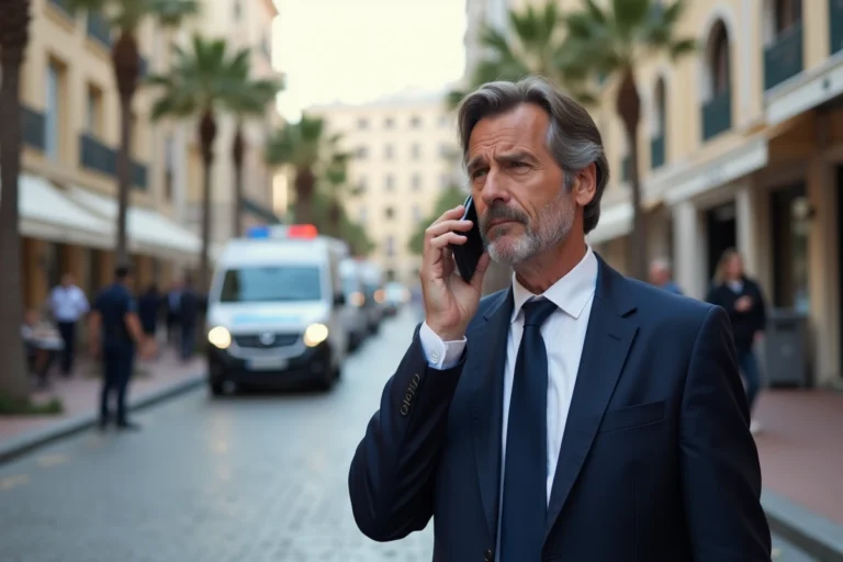 Homme en costume parlant au téléphone avec cordon police à Cannes