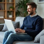 Homme détendu sur un canapé avec un ordinateur portable