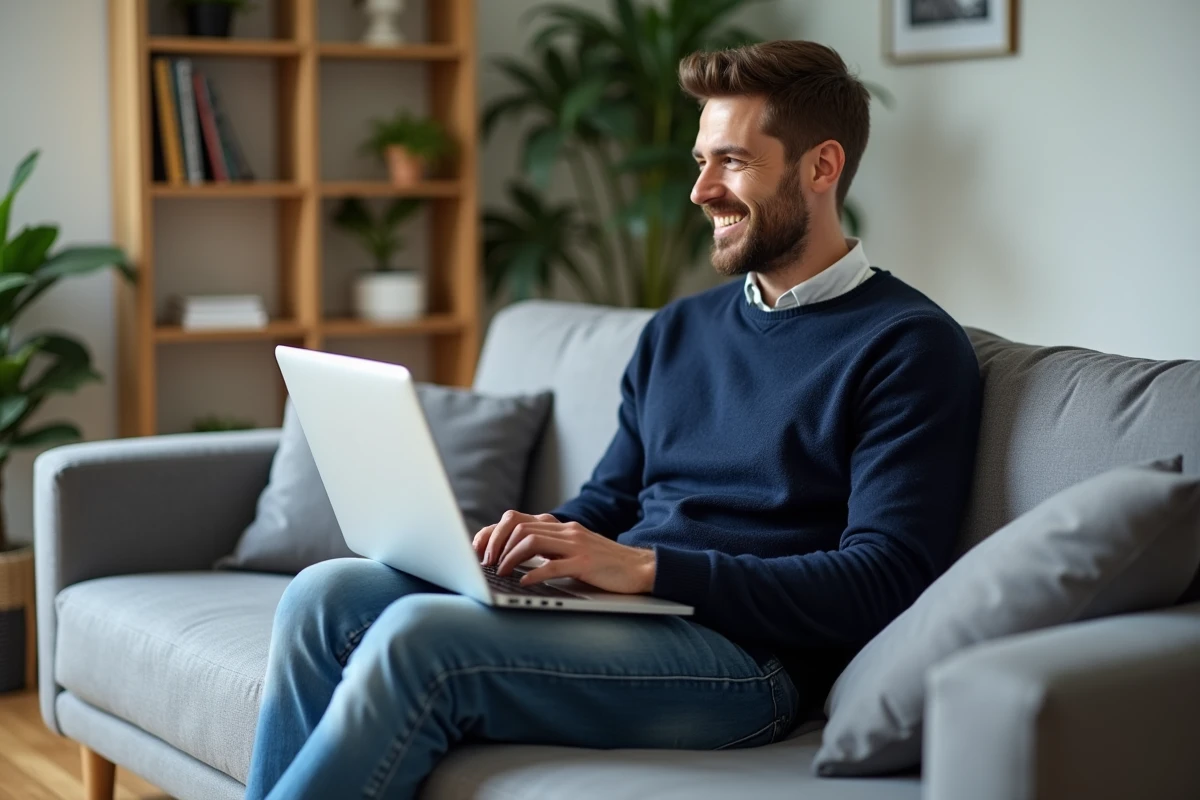 Homme détendu sur un canapé avec un ordinateur portable