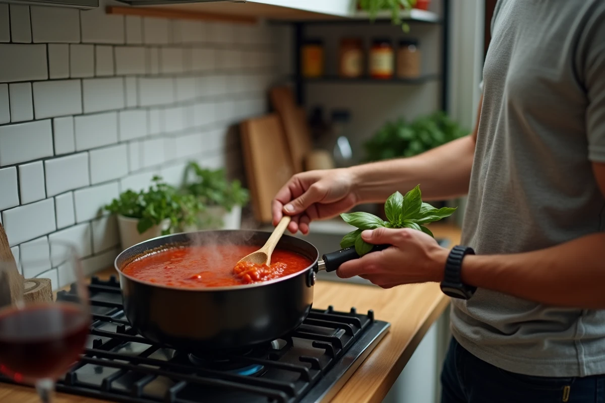 Homme préparant une sauce tomate maison sur une gazinière dans une cuisine d'appartement urbain