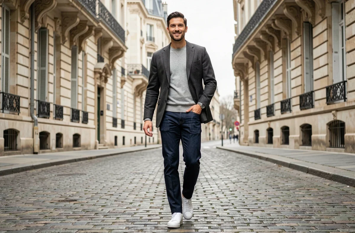 Homme en blazer charbon et jean ajusté marchant avec style dans une rue pavée européenne