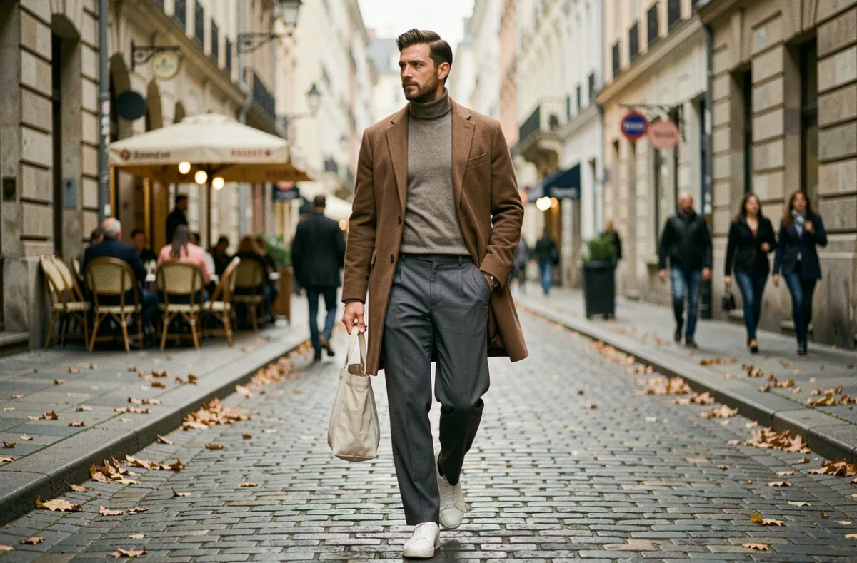 Homme élégant en manteau structuré et pull col roulé marchant dans une rue pavée européenne à l'automne