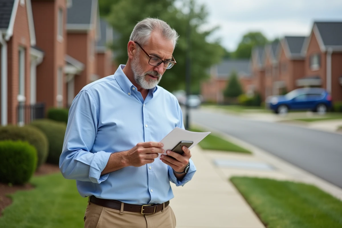 Homme regardant un courrier devant une maison de banlieue