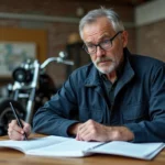 Mécanicien examinant le dossier d'homologation d'un trike dans un atelier