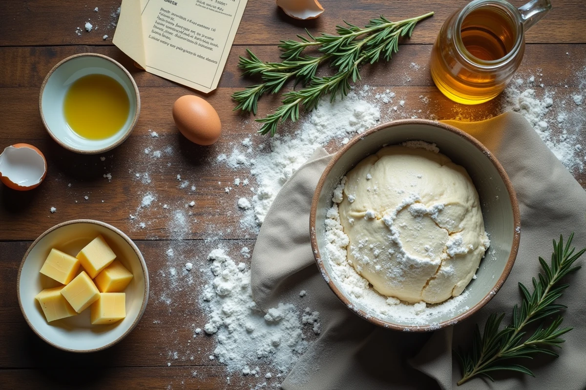 Vue de dessus d'ingrédients pour pâtes maison sur une table en bois rustique avec une fiche recette manuscrite