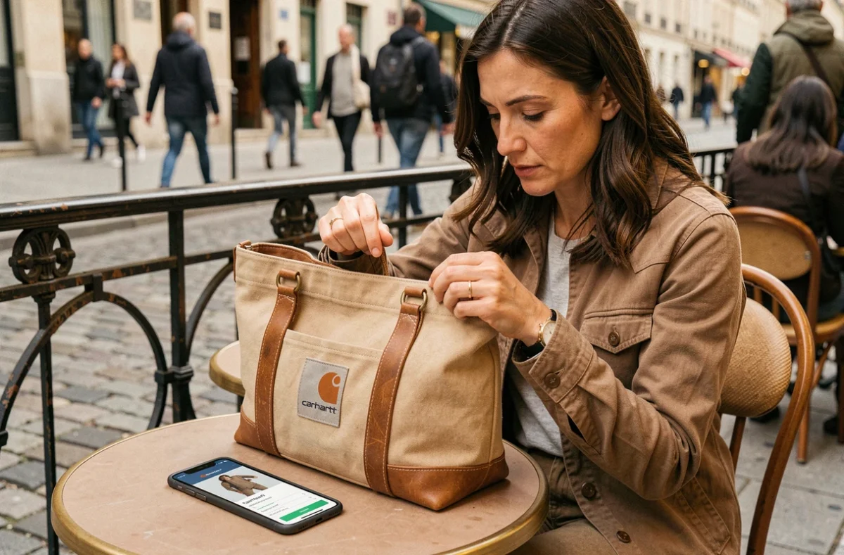 Femme inspectant les coutures et la quincaillerie d'un sac Carhartt en terrasse de café, smartphone affichant une page de vérification