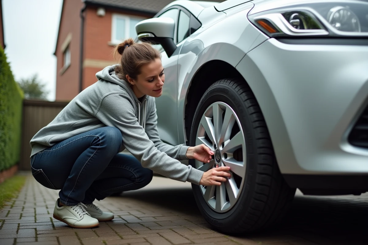 Femme inspectant l'usure des pneus de sa Renault Clio 3 phase 2 sur une allée résidentielle