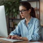 Jeune femme en bureau moderne regardant son écran