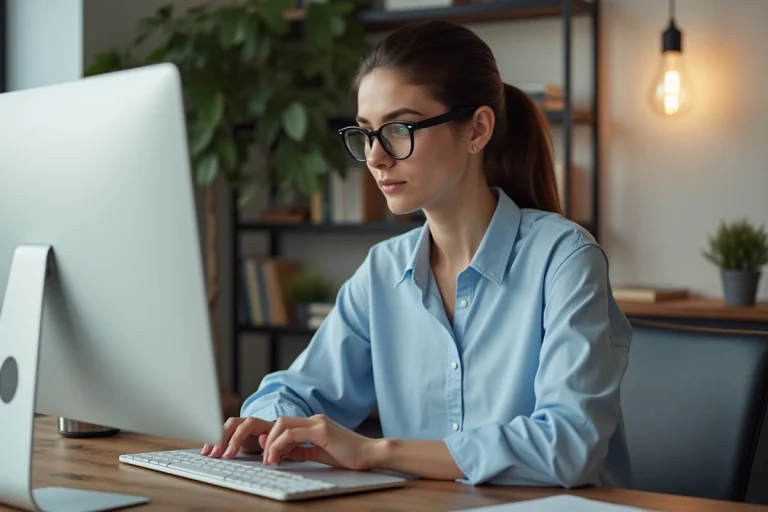 Jeune femme en bureau moderne regardant son écran