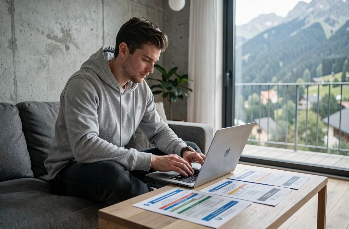 Jeune homme comparant des offres de mutuelle santé sur ordinateur portable dans son appartement en Isère
