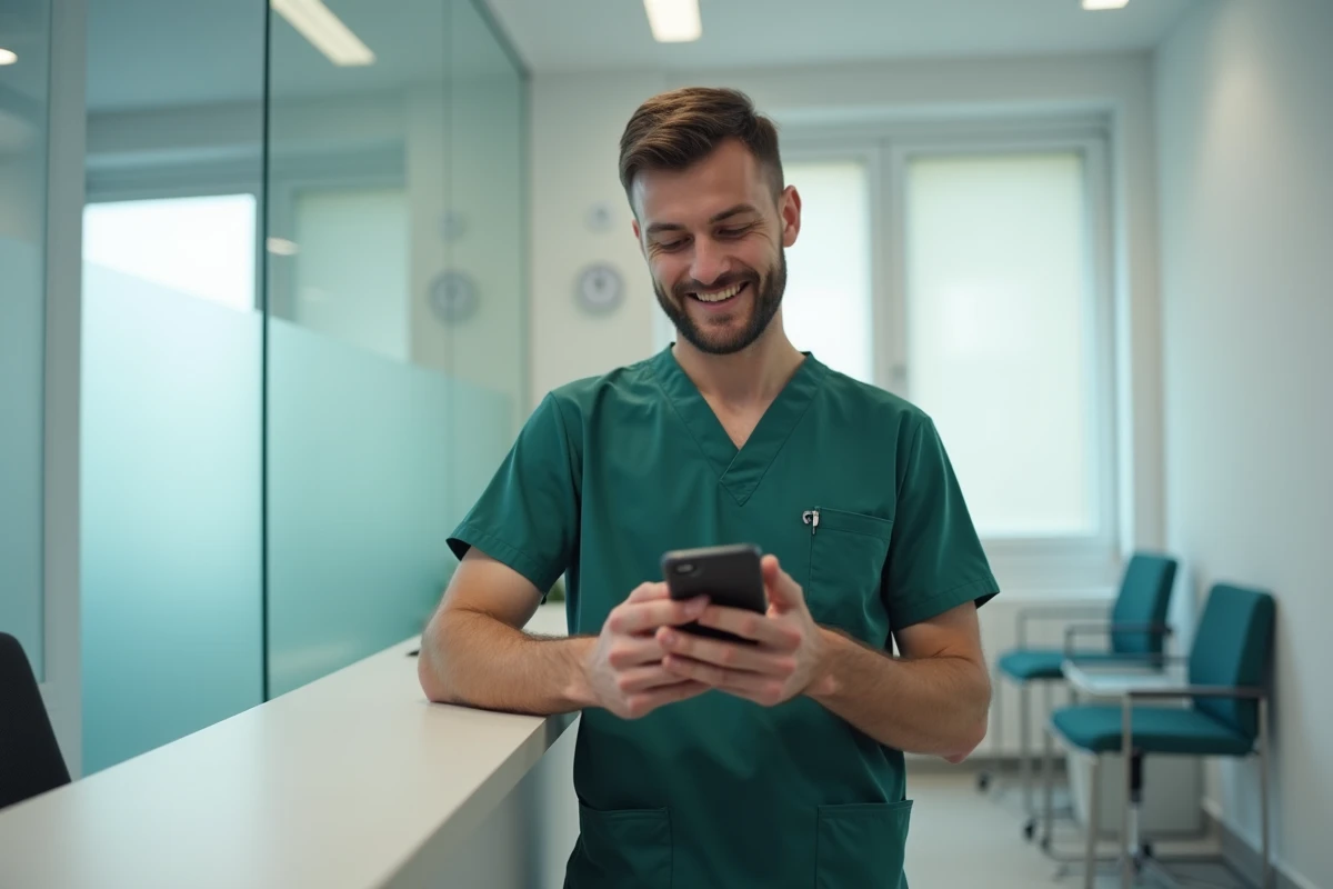 Kinésithérapeute consultant un annuaire de santé en ligne sur smartphone dans une clinique moderne