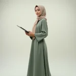 Jeune mannequin modeste portant un hijab et une robe longue verte dans un studio photo professionnel