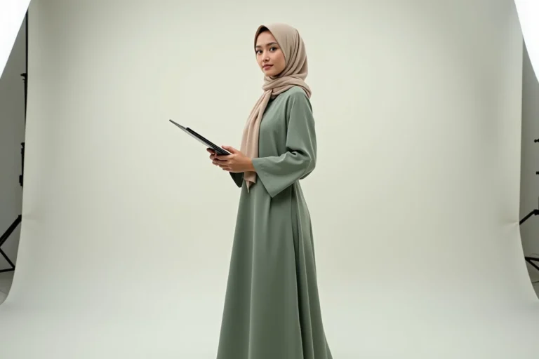 Jeune mannequin modeste portant un hijab et une robe longue verte dans un studio photo professionnel