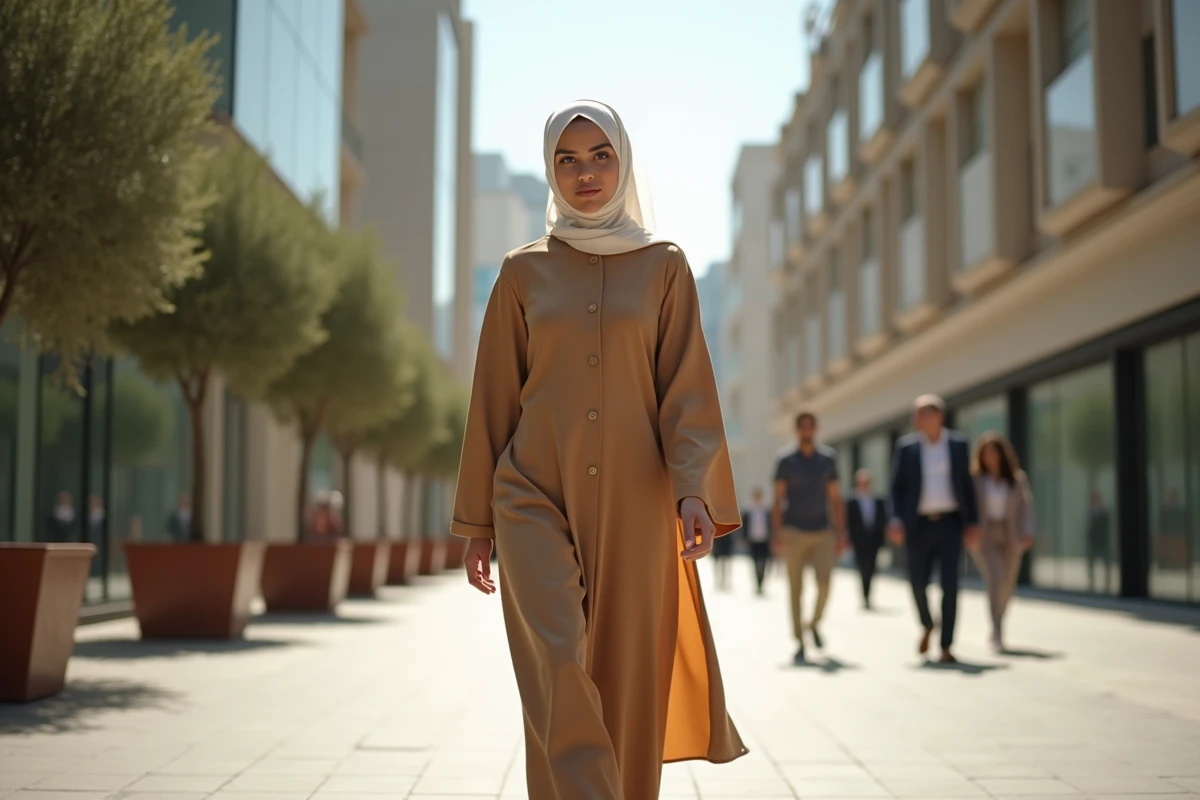 Femme portant un abaya camel et un hijab ivoire marchant dans une rue urbaine moderne