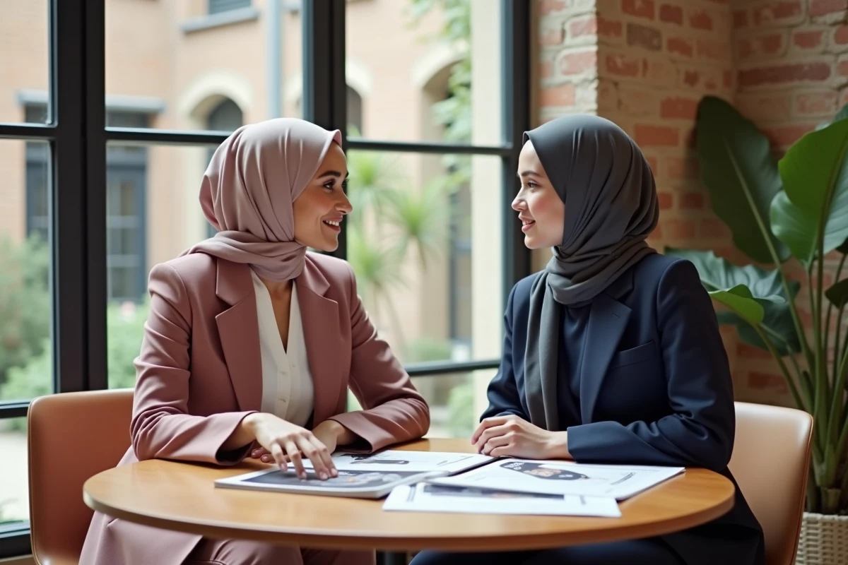 Deux femmes en tenue modeste islamique professionnelle travaillant ensemble sur un portfolio de mannequinat