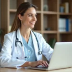 Médecin femme consultant son profil professionnel en ligne sur un ordinateur portable dans son cabinet médical