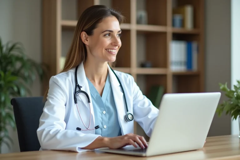 Médecin femme consultant son profil professionnel en ligne sur un ordinateur portable dans son cabinet médical