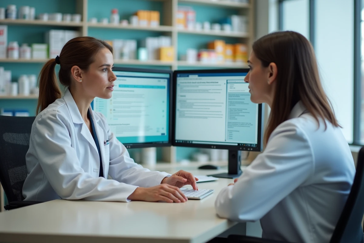 Pharmacienne et collègue optimisant la présence en ligne d'une pharmacie sur ordinateur dans l'espace de travail