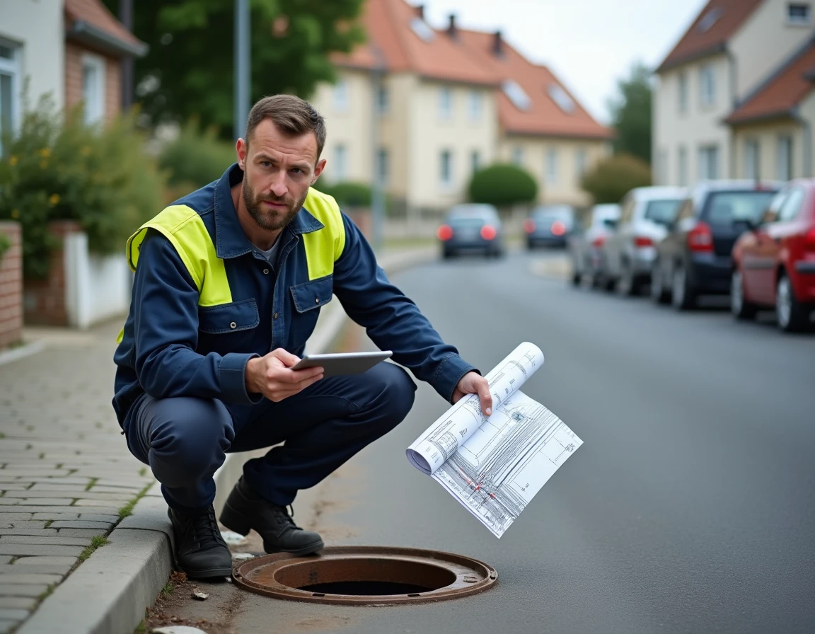 Plombier consultant un schéma de réseau d'assainissement tout à l'égout en extérieur dans une rue résidentielle