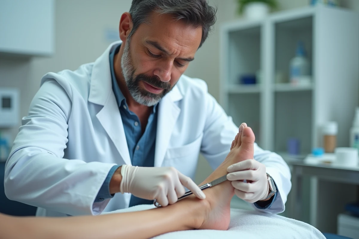Podologue traitant la corne aux pieds d'un sportif en cabinet médical avec des outils professionnels