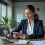 Professionnelle utilisant des outils digitaux sur laptop, tablette et smartphone dans un bureau moderne