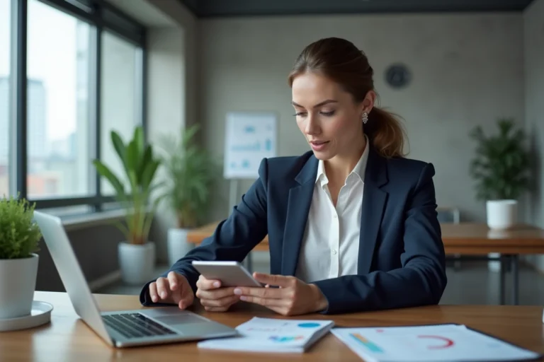 Professionnelle utilisant des outils digitaux sur laptop, tablette et smartphone dans un bureau moderne