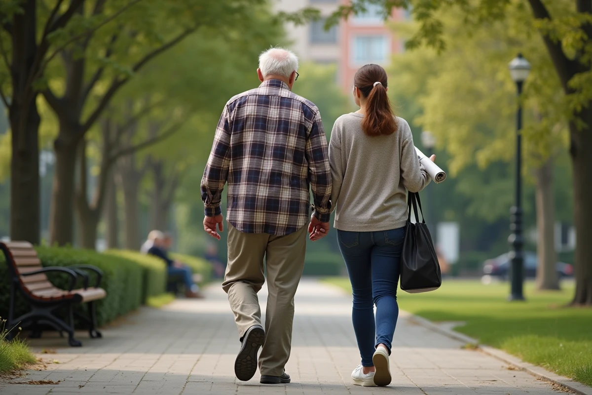 Homme age et fille se promenant dans un parc urbain ensoleille