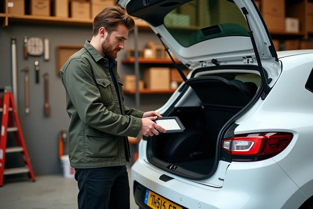 Homme remplaçant le filtre d'habitacle d'une Renault Clio 3 phase 2 dans un garage domestique