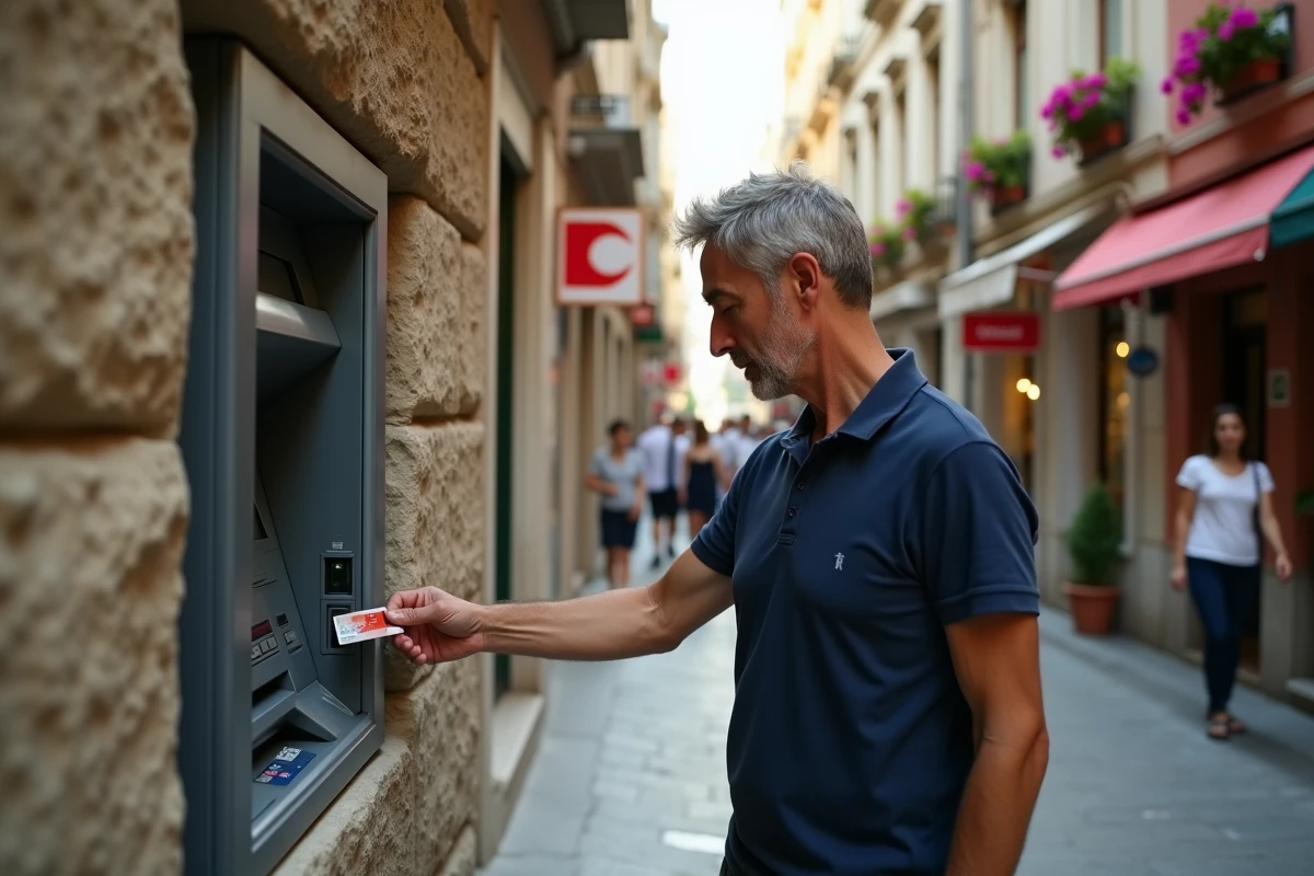 Homme retirant des livres turques à un distributeur automatique dans une rue pavée d'Istanbul
